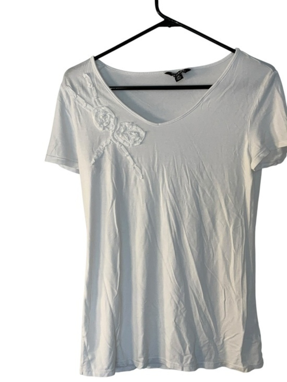 George White V-Neck Short Sleeve Tee with Floral Rosette